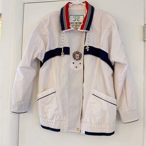 Izzi Vintage Nautical Windbreaker Jacket | White Navy Red Crest Detail | Size M